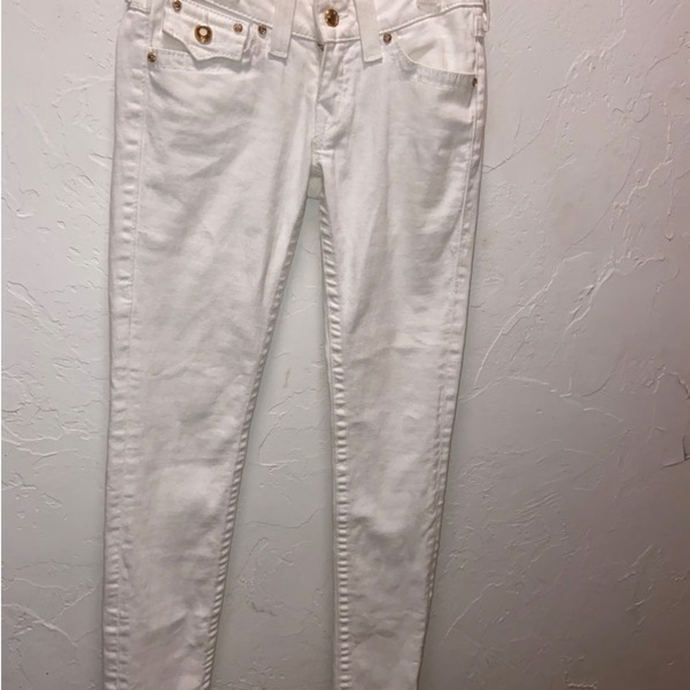 White True Religion Jeans with Gold accent Rhinestone buttons sz 27 Very Pretty!